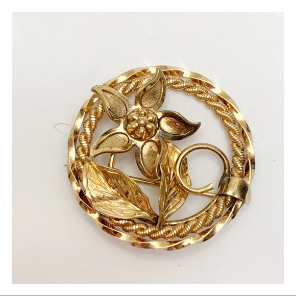 12k gold filled flower circle wreath brooch pin - Picture 7 of 10